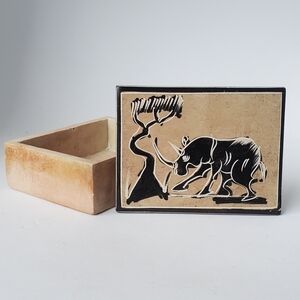 Vintage Trinket Box Hand Carved Soapstone Kenya Rhinoceros African Tribal Decor